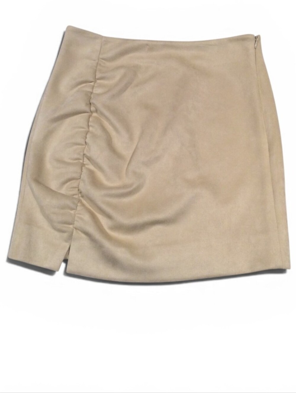 Free People AVA'S Camel Tan Vegan Faux Suede Miniskirt Ruched Seams Front Slit